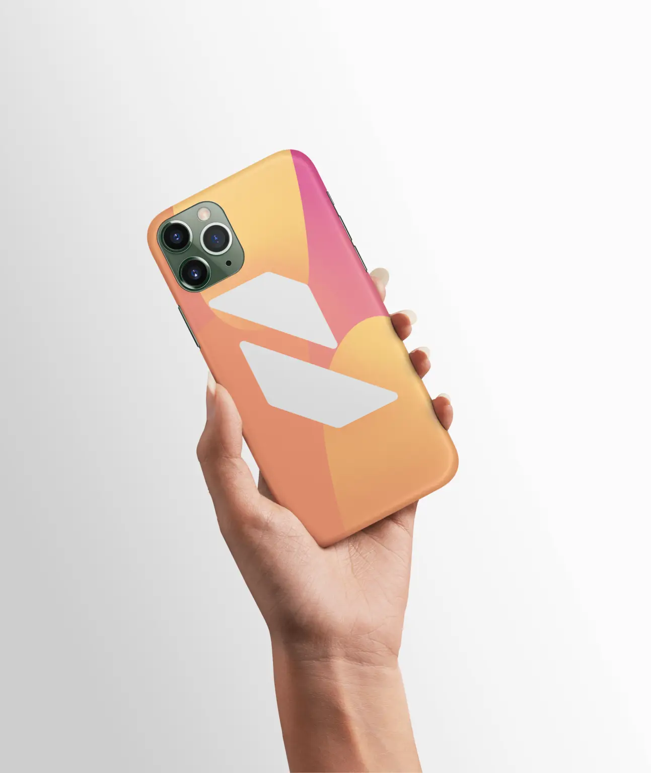 "Mockup of a phone case with a stylish design featuring shades of pink and orange. The case is shown from the back, and it is compatible with a variety of phone models. The vibrant colors and playful patterns make this phone case a fun and trendy accessory."