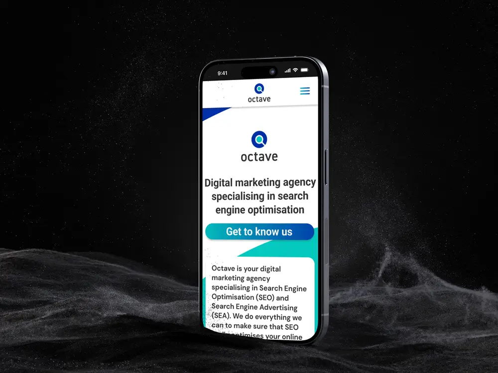 A sleek iPhone displayed against a dark, textured background showcasing the homepage of a digital marketing agency named "Octave." The screen highlights Octave's expertise in search engine optimization (SEO) and search engine advertising (SEA), with a prominent call-to-action button reading "Get to know us." The design is clean and modern, emphasizing the agency's focus on enhancing online visibility and optimization.